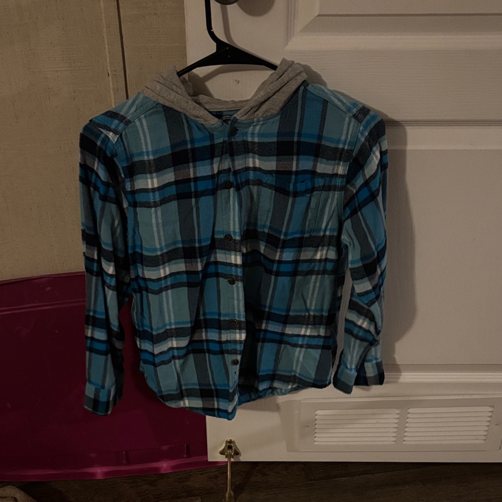 Wonder Nation Blue and Gray Plaid Button Down Shirt with Hood